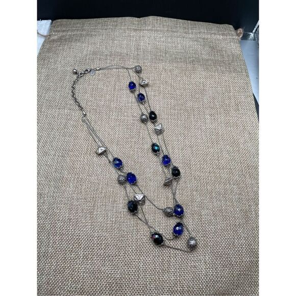 Chico’s Blue and Silver Beaded Multi strand Necklace Adjustable - Picture 3 of 5